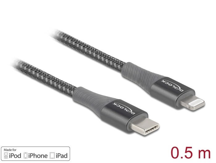 Delock Daten- und Ladekabel USB Type-C™ zu Lightning™ für iPhone™, iPad™ und iPod™ grau 0,5 m MFi