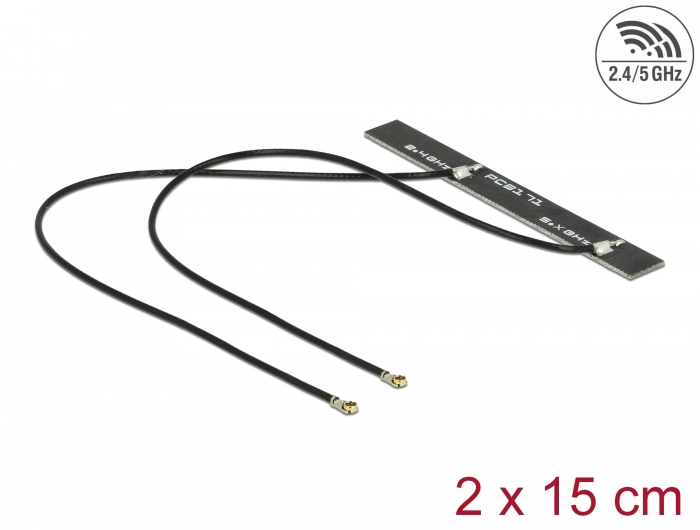 Delock Dualband WLAN WiFi 6 Doppelantenne 2 x I-PEX Inc., MHF® 4L Stecker 5 dBi 2 x 15 cm PCB intern Klebemontage