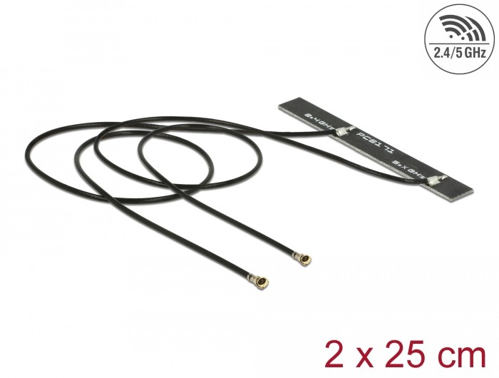 Delock Dualband WLAN WiFi 6 Doppelantenne 2 x I-PEX Inc., MHF® 4L Stecker 5 dBi 2 x 25 cm PCB intern Klebemontage