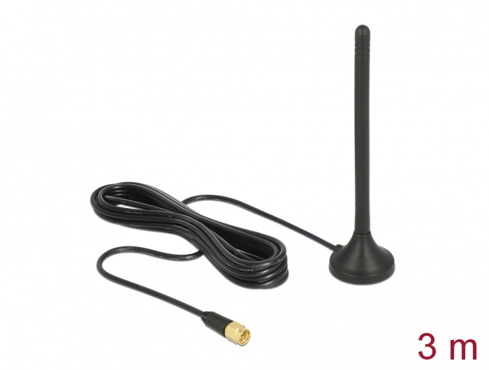 Delock GSM / UMTS / LTE Antenne SMA Stecker 2,5 dBi starr omnidirektional mit magnetischem Standfuß und Anschlusskabel RG-174 3 m outdoor schwarz