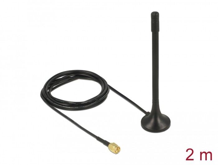 Delock ISM 433 MHz Antenne SMA Stecker 2 dBi omnidirektional mit magnetischem Standfuß und Anschlusskabel (RG-174, 2 m) schwarz