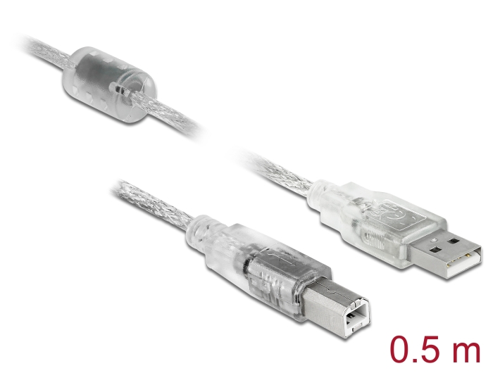 Delock Kabel USB 2.0 Typ-A Stecker > USB 2.0 Typ-B Stecker 0,5 m transparent
