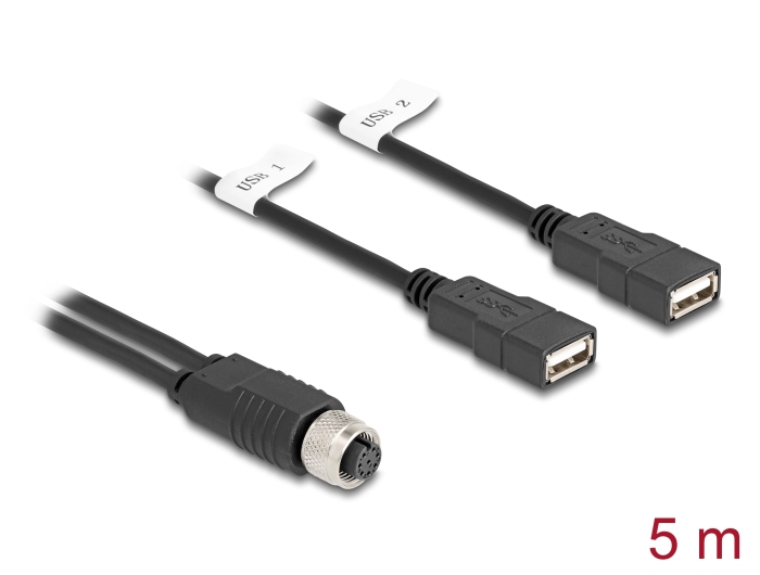 Delock M12 Kabel A-kodiert 8 Pin Buchse zu 2 x USB 2.0 Typ-A Buchse 5 m schwarz Delock M12 Kabel A-kodiert 8 Pin Buchse zu 2 x USB 2.0 Typ-A Buchse 5 m schwarz