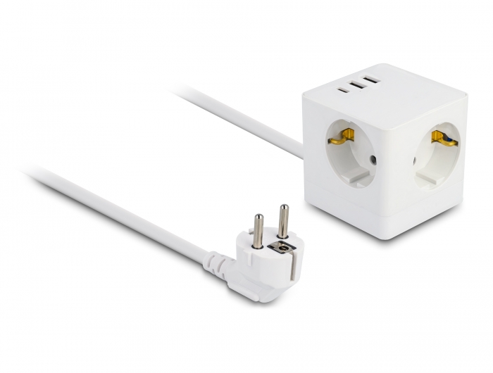 Delock Steckdosenwürfel mit Verlängerungskabel 3-fach mit Kindersicherung und USB Ladegerät, 1,5 m Kabel, weiß Delock Steckdosenwürfel mit Verlängerungskabel 3-fach mit Kindersicherung und USB Ladegerät, 1,5 m Kabel, weiß