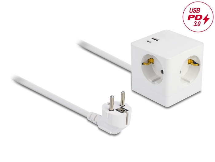 Delock Steckdosenwürfel mit Verlängerungskabel 3-fach mit Kindersicherung und USB PD 3.0 Ladegerät 20 W, 1,5 m Kabel, weiß Delock Steckdosenwürfel mit Verlängerungskabel 3-fach mit Kindersicherung und USB PD 3.0 Ladegerät 20 W, 1,5 m Kabel, weiß