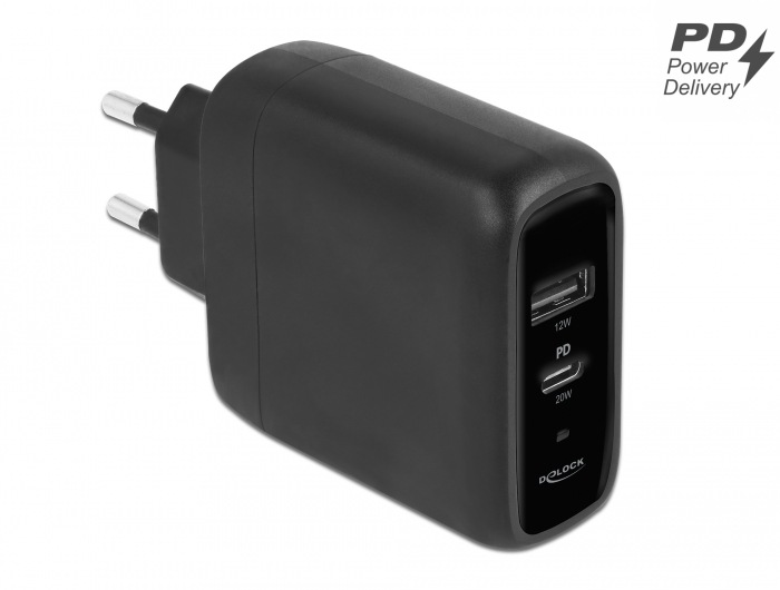 Delock USB Ladegerät USB Type-C™ PD 3.0 und USB Typ-A mit 20 W + 12 W