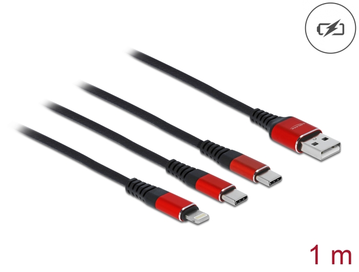 Delock USB Ladekabel 3 in 1 Typ-A zu Lightning™ / 2 x USB Type-C™ 1 m schwarz / rot