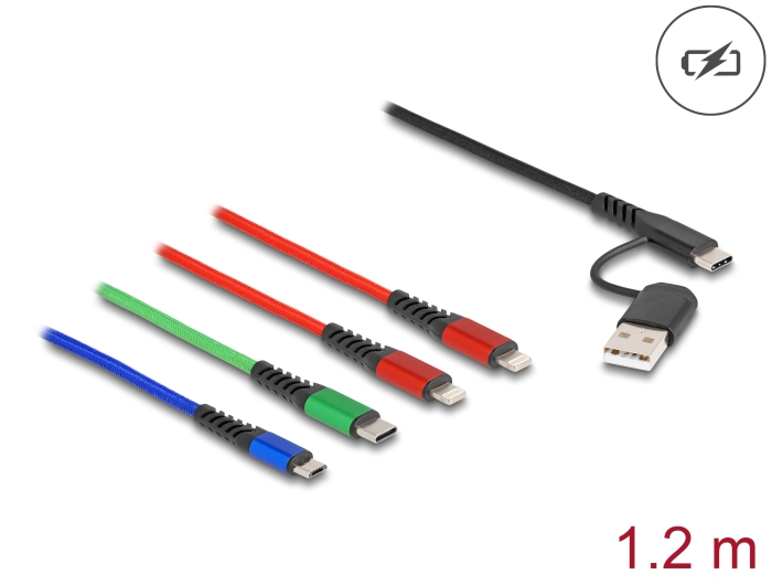 Delock USB Ladekabel 4 in 1 USB Typ-A + USB-C™ zu 2 x Lightning™ / Micro USB / USB Type-C™ 1,20 m