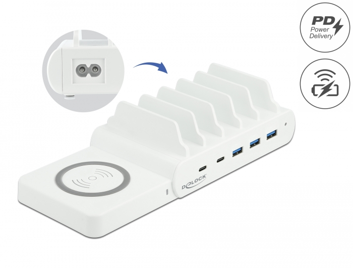 Delock USB und kabelloses Ladegerät 2 x USB Type-C™ PD + 3 x USB Typ-A mit 110 W