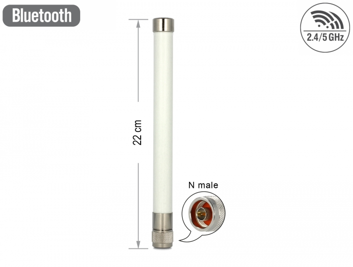 Delock WLAN 802.11 ac/a/b/g/n Antenne N Stecker 4,5 - 7,0 dBi 22 cm omnidirektional starr outdoor weiß Delock WLAN 802.11 ac/a/b/g/n Antenne N Stecker 4,5 - 7,0 dBi 22 cm omnidirektional starr outdoor weiß