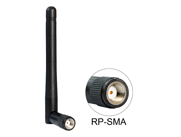 Delock WLAN 802.11 b/g/n Antenne RP-SMA Stecker 2 dBi omnidirektional mit Kippgelenk schwarz Delock WLAN 802.11 b/g/n Antenne RP-SMA Stecker 2 dBi omnidirektional mit Kippgelenk schwarz