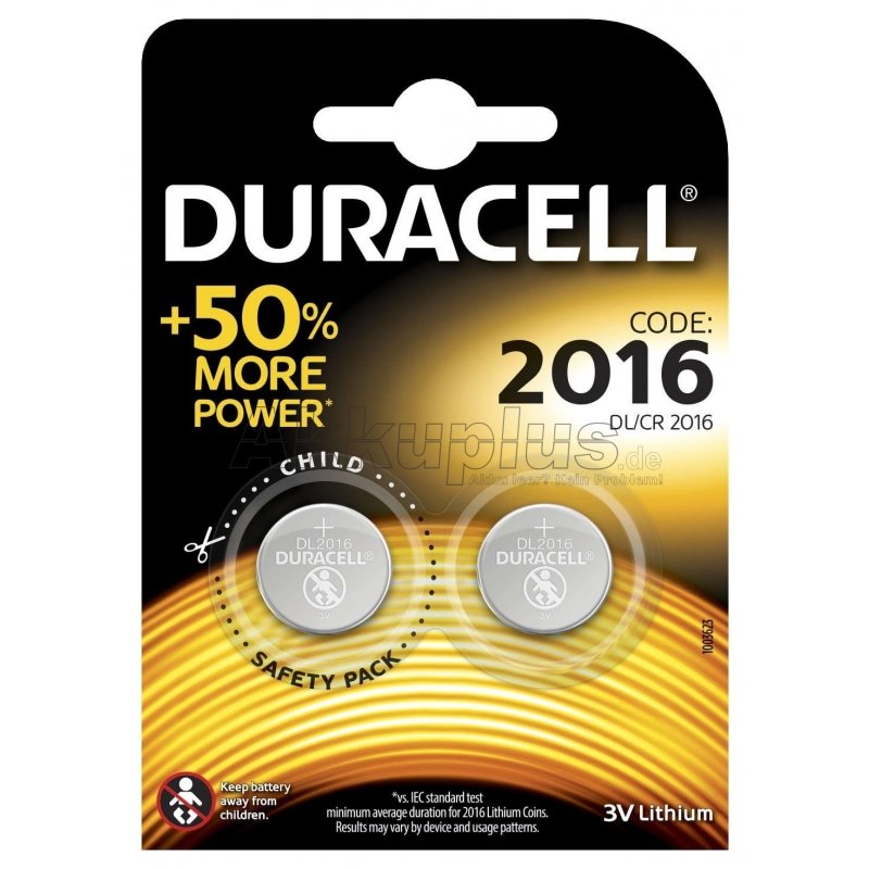 Duracell - Knopfzelle - CR2016 / DL2016 - 3 Volt Lithium - 2er Blister