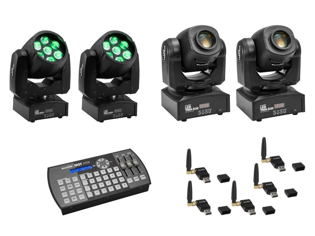 EUROLITE Set 2x LED TMH-W63 + 2x LED TMH-S30 + USB QuickDMX + Easy Show EUROLITE Set 2x LED TMH-W63 + 2x LED TMH-S30 + USB QuickDMX + Easy Show