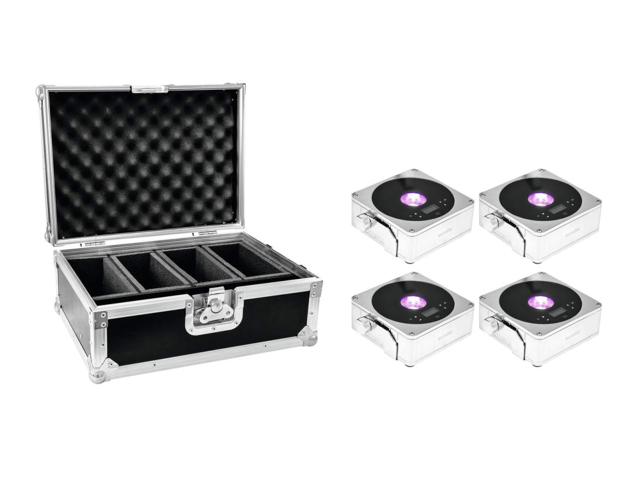 EUROLITE Set 4x AKKU IP Flat Light 1 chrom + Case EUROLITE Set 4x AKKU IP Flat Light 1 chrom + Case