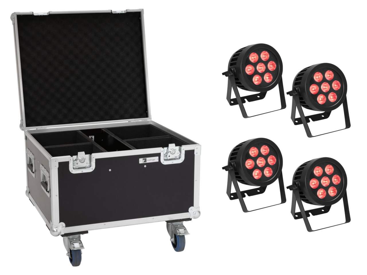 EUROLITE Set 4x LED IP PAR 7x8W QCL Spot + Case mit Rollen EUROLITE Set 4x LED IP PAR 7x8W QCL Spot + Case mit Rollen