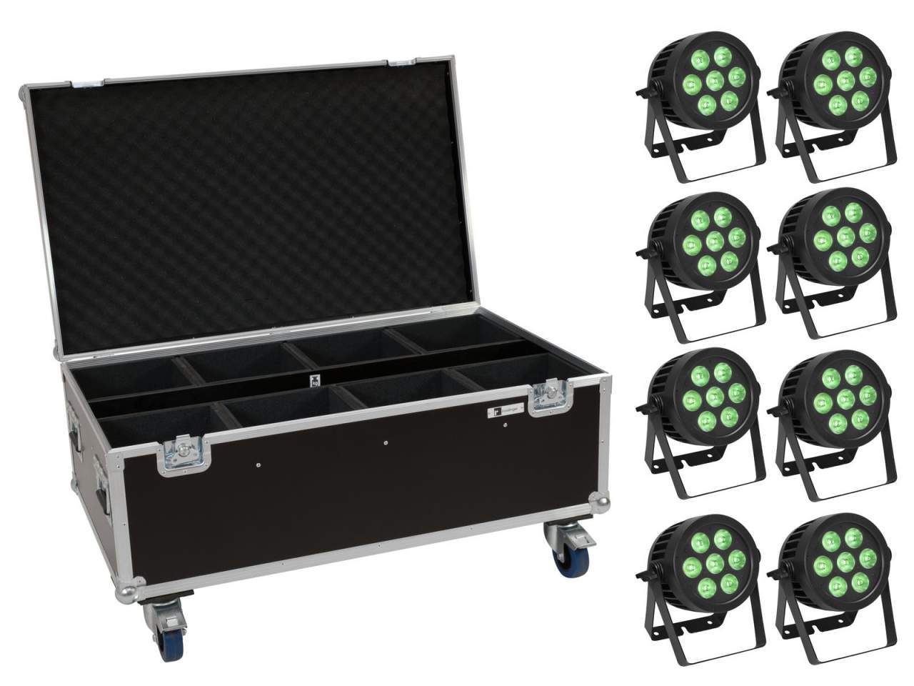 EUROLITE Set 8x LED IP PAR 7x8W QCL Spot + Case mit Rollen EUROLITE Set 8x LED IP PAR 7x8W QCL Spot + Case mit Rollen