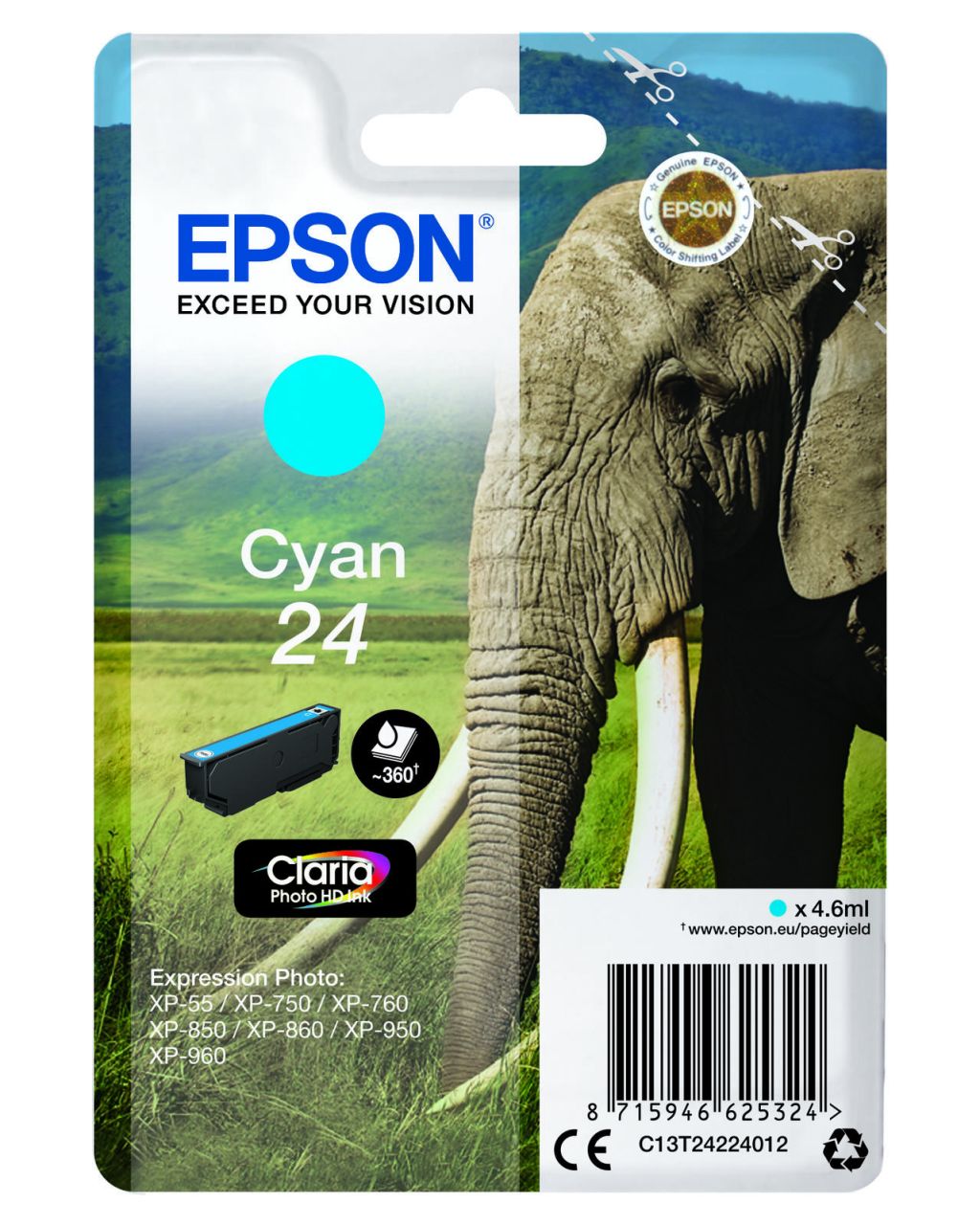 Epson Original 24 Elefant Druckerpatrone cyan 360 Seiten 4,6ml (C13T24224012)