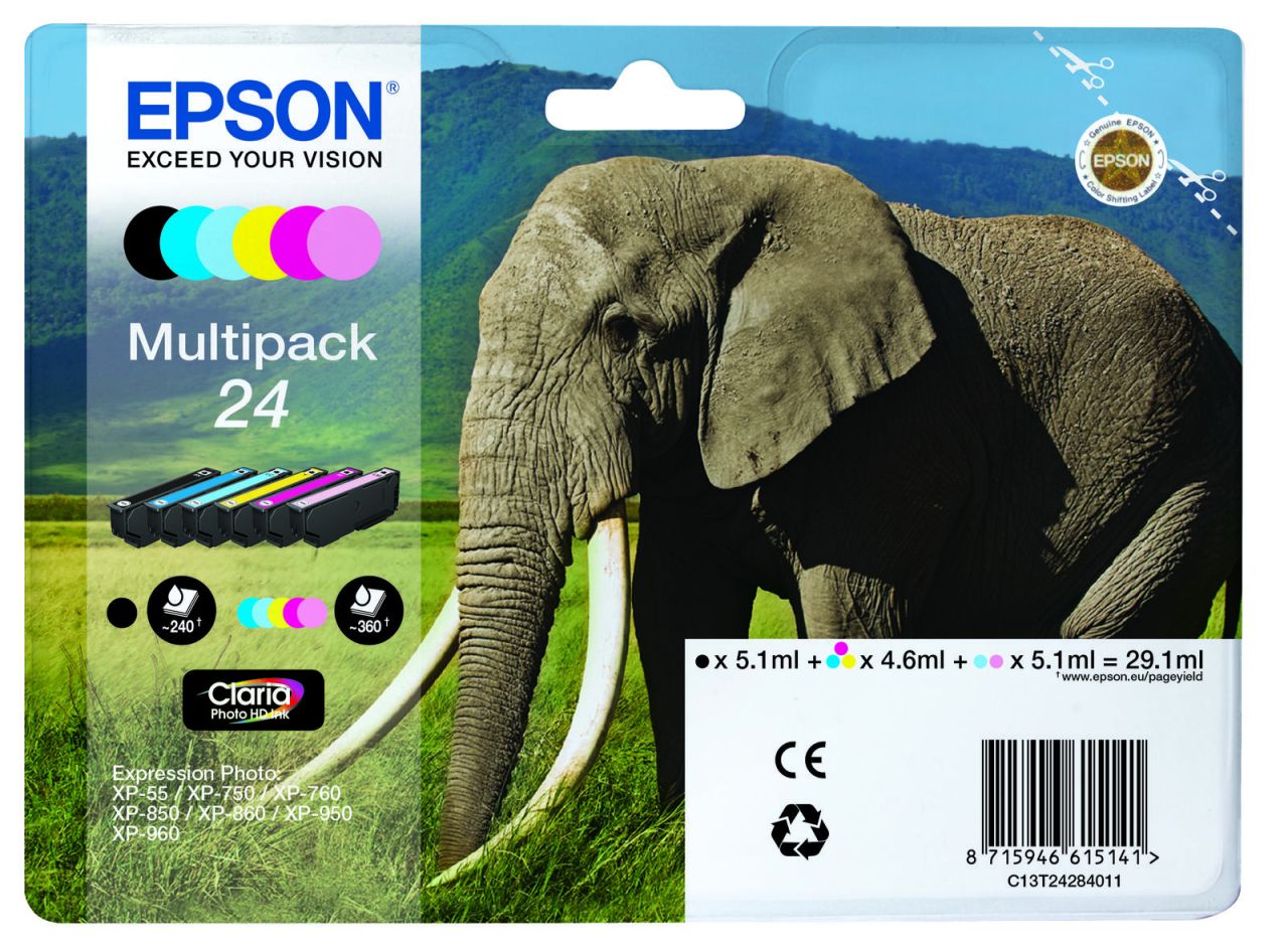 Epson Original 24 Elefant Druckerpatronen 6er Multipack BK/C/M/Y/LC/LM (C13T24284010)