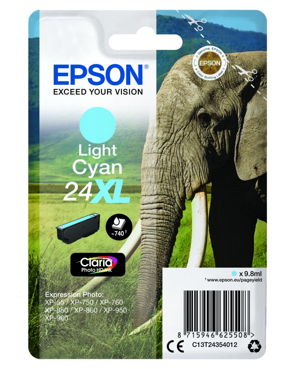 Epson Original 24XL Elefant Druckerpatrone cyan hell 740 Seiten 9,8ml (C13T24354012)