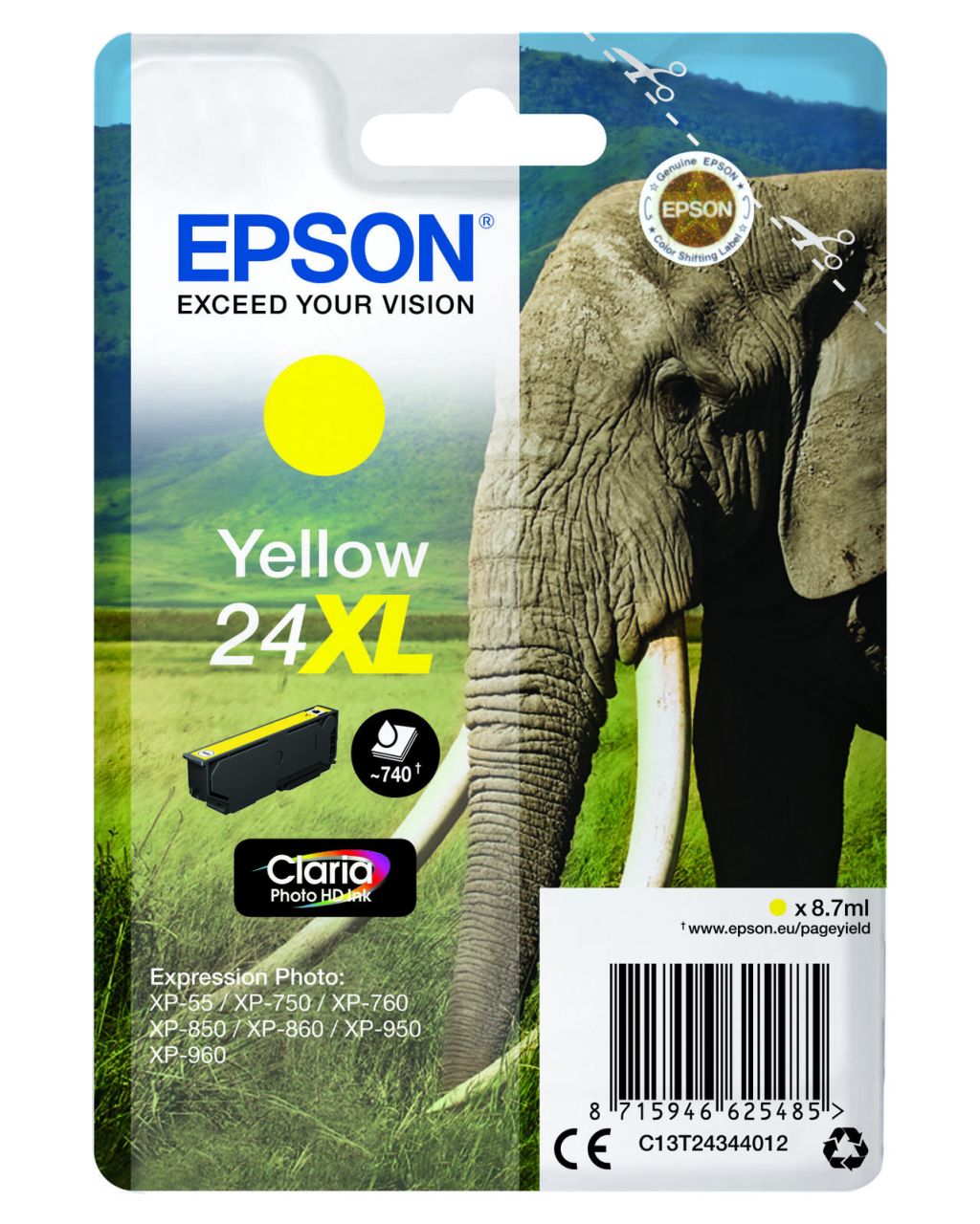 Epson Original 24XL Elefant Druckerpatrone gelb 740 Seiten 9ml (C13T24344012)