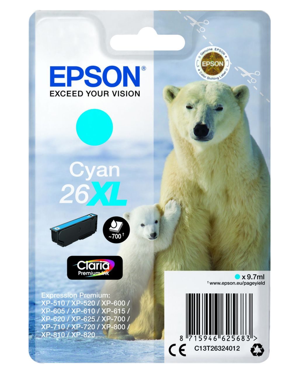 Epson Original 26XL Eisbär Druckerpatrone cyan 700 Seiten 9,7ml (C13T26324012)