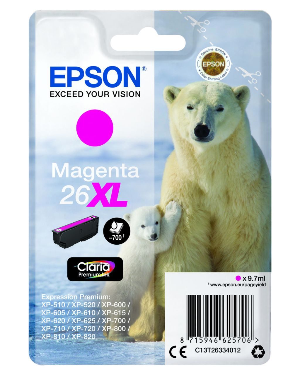 Epson Original 26XL Eisbär Druckerpatrone magenta 700 Seiten 9,7ml (C13T26334012)