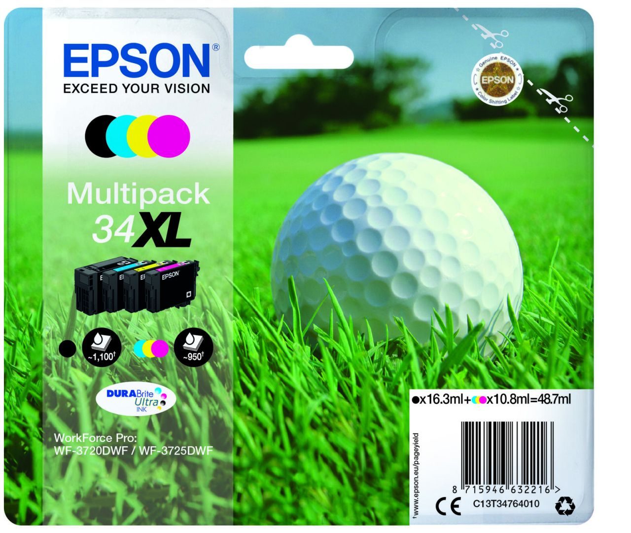 Epson Original 34XL Golfball Druckerpatrone 4er Multipack schwarz cyan magenta gelb (C13T34764010)
