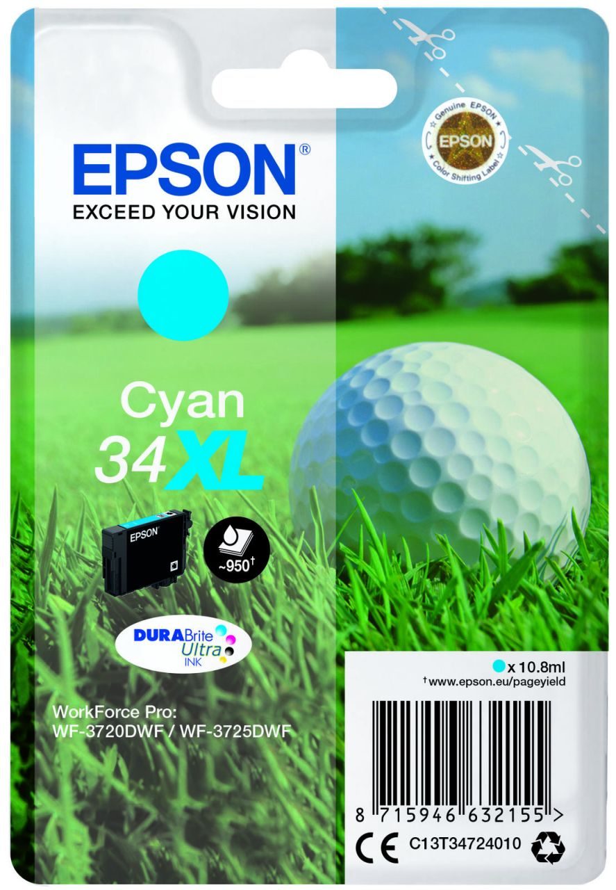 Epson Original 34XL Golfball Druckerpatrone cyan 950 Seiten 10,8ml (C13T34724010)