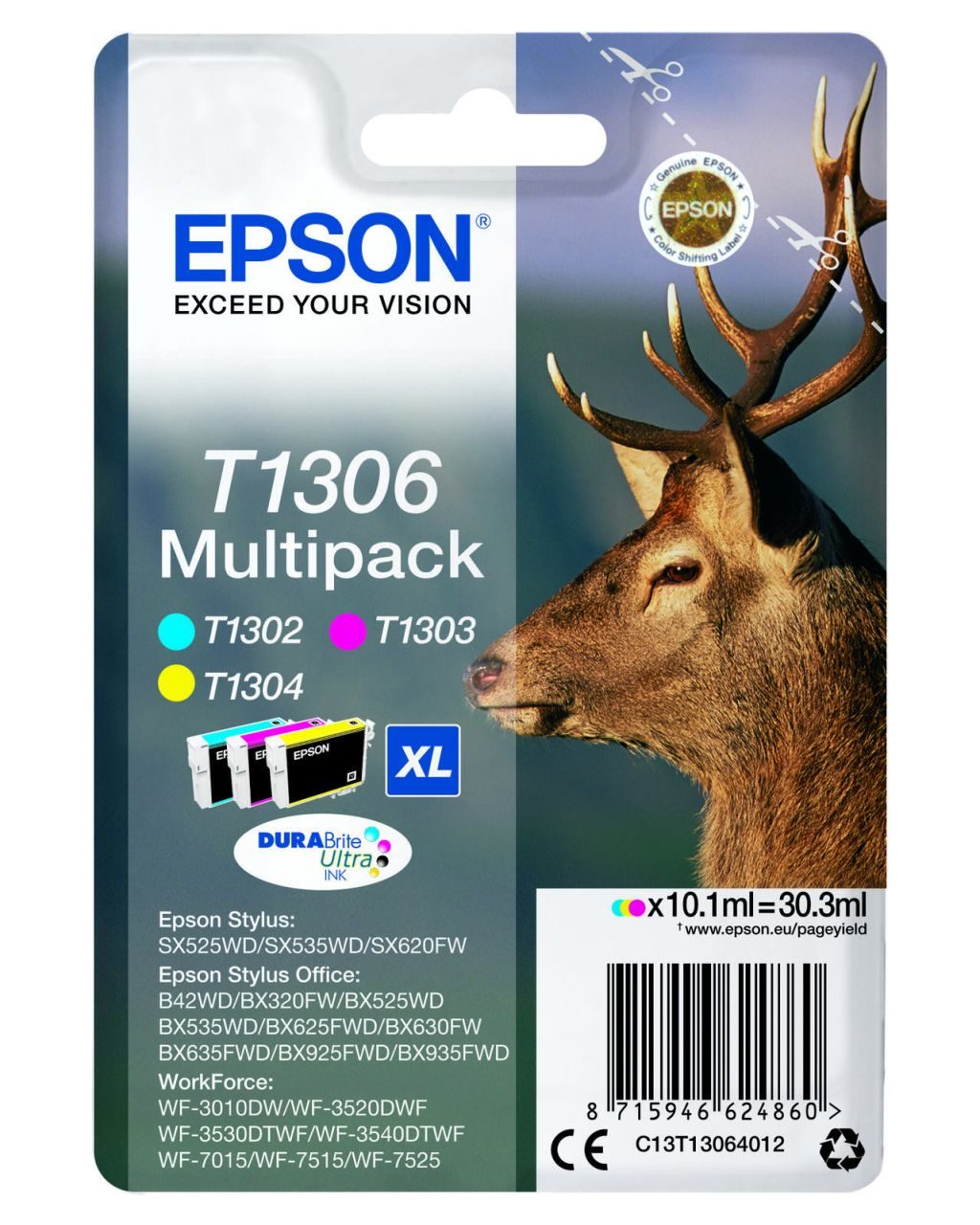 Epson Original T1306 Hirsch Druckerpatronen 3er Multipack C/M/Y (C13T13064012)