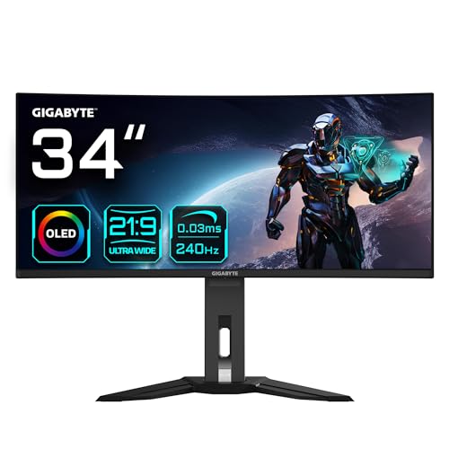 Gigabyte OLED WQHD Curved Gaming Monitor MO34WQC2-34 Zoll, 3440 x 1440, 240Hz, 0,03ms, KVM, 250 cd/m², FreeSync Premium Pro, DisplayHDR True Black 400, HDMI 2.1, Displayport 1.4 von Gigabyte