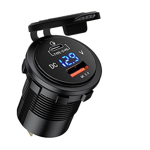 GemCoo Auto USB Ladegerät KFZ QC3.0 USB Steckdose und Typ C PD für Auto, 12 V/24 V QC 3.0 Dual USB Schnellladung mit LED-Voltmeter Anzeige für Motorrad, Auto Marine Motorrad RV Caravan (Orange) von GemCoo