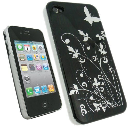 Igadgitz Hartschalentasche Hardcase Schutzhülle Hülle Tasche Case in Schwarz mit Motif silberne Schmetterlinge für iPhone 4 HD 16gb & 32gb + Display Schutzfolie