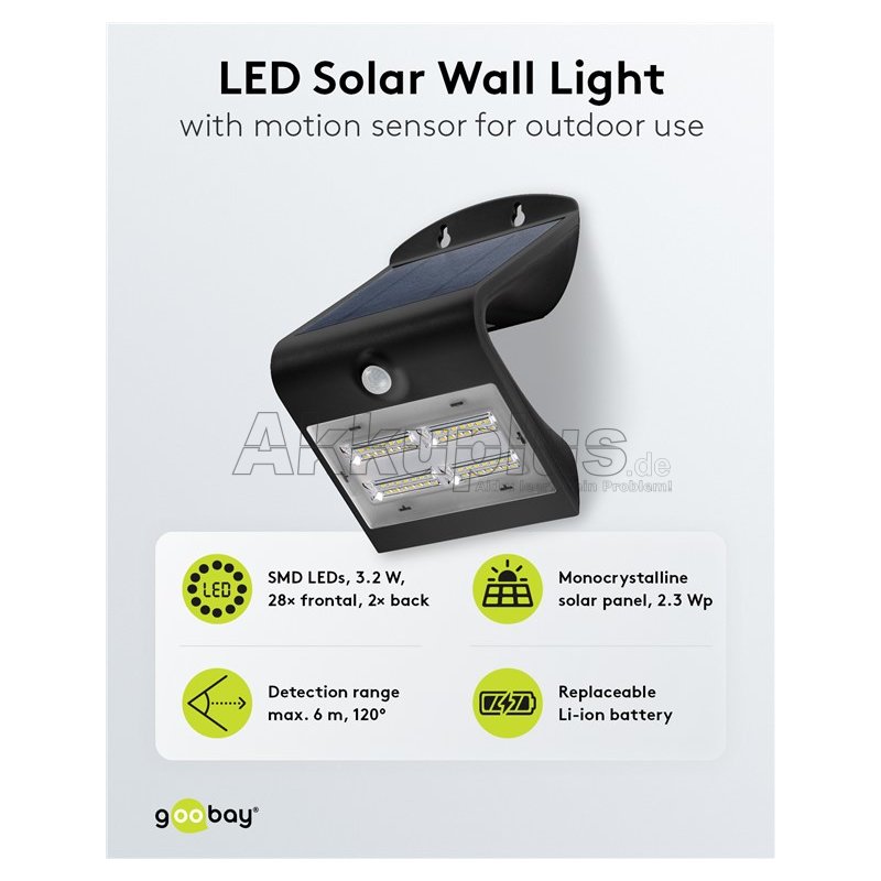 LED-Solar-Wandleuchte mit Bewegungsmelder, 3,2 W, schwarz