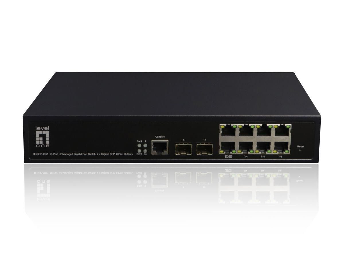 LevelOne Switch 10 Gigabit Ethernet-Ports mit 8 PoE Gigabit-Ports 180W 2 Gigabit SFP (GEP-1061)