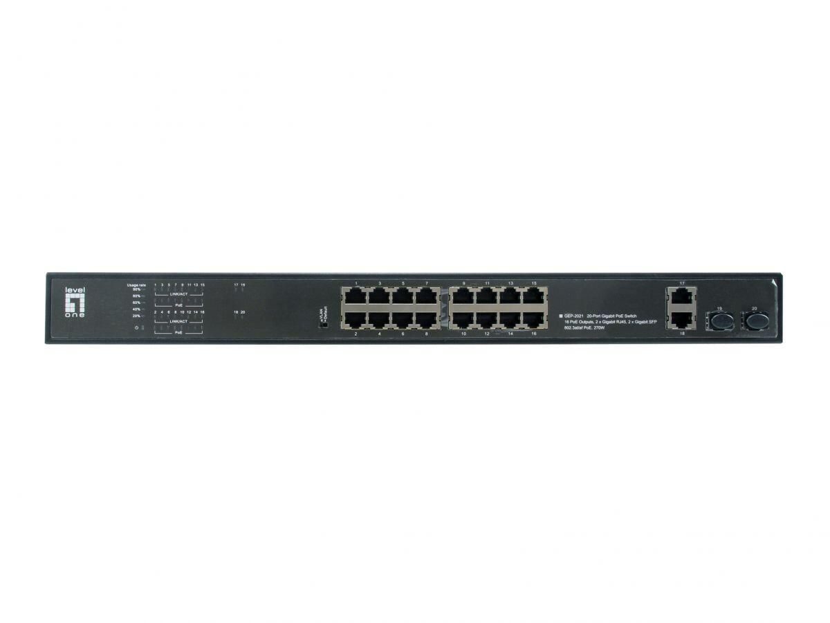 LevelOne Switch 20 Gigabit Ethernet-Ports mit 16 PoE-Ports 270W, 2 Gigabit-Ports, 2 Gigabit SFP (GEP-2021)