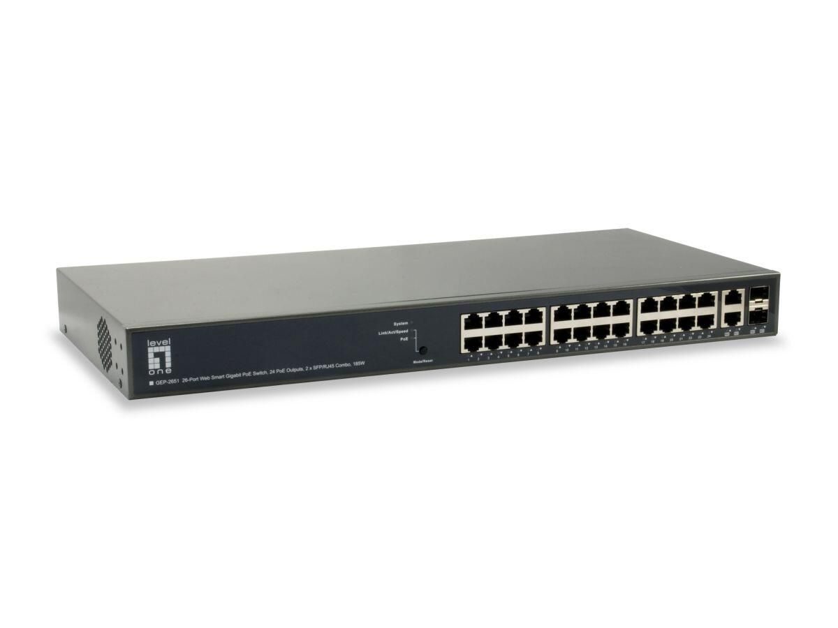LevelOne Switch 26 Gigabit Ethernet-Ports mit 24 PoE-Ports 185W, 2 Gigabit SFP (GEP-2651)