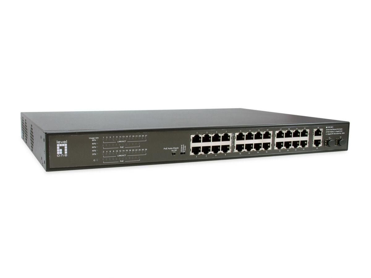 LevelOne Switch 28 Fast Ethernet-Ports mit 24 PoE-Ports 270W 2 Gigabit-Ports, 2 Gigabit SFP (FGP-2831)