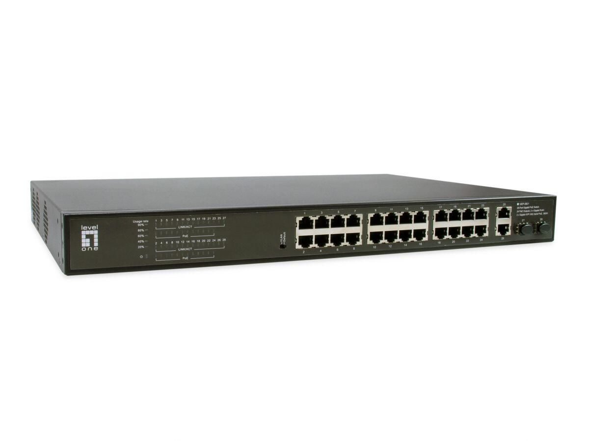 LevelOne Switch 28 Gigabit Ethernet-Ports mit 24 PoE-Ports 390W, 2 Gigabit SFP, 2 Gigabit Ports (GEP-2821)