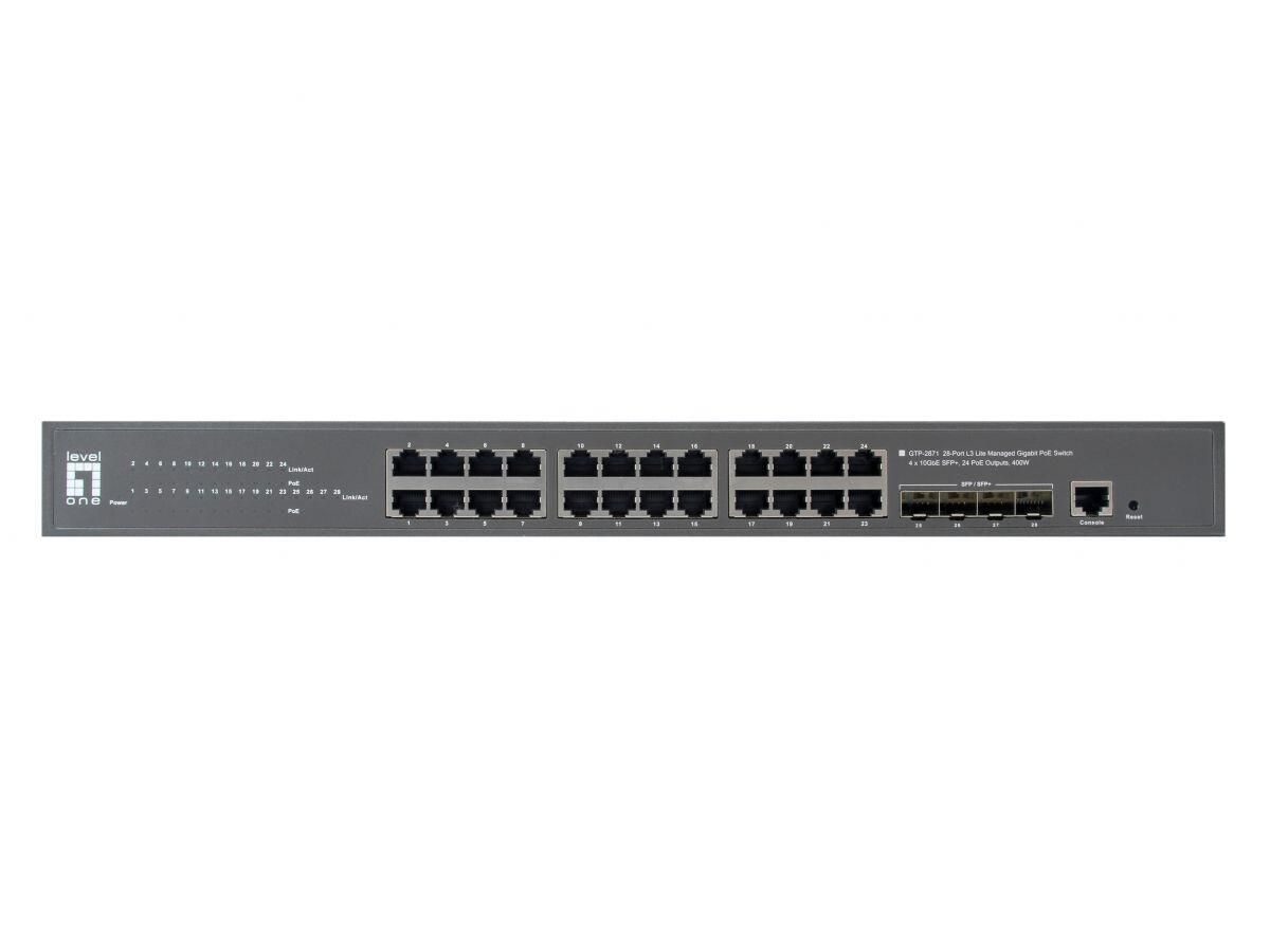 LevelOne Switch Kilby 28 Gigabit Ethernet-Ports mit 24 PoE-Ports 400W, 4 10Gbe SFP+ (GTP-2871)