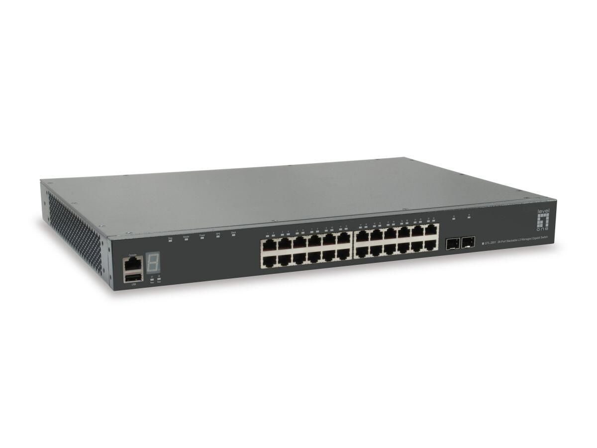 LevelOne Switch Kilby Stackable 28 Gigabit Ehternet-Ports mit 24 Gigabit Ethernet-Ports , 2 10Gbe SFP+, 10 Gbe DPE Slot