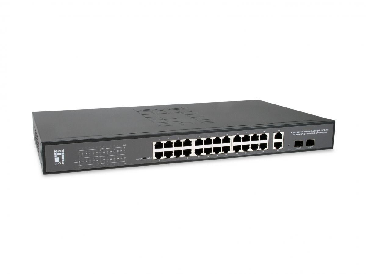 LevelOne Switch Web Smart 28 Gigabit Ethernet-Ports mit 24 PoE-Ports 375W, 2 Uplink Gigabit SFP, 2 Uplink Gigabit Ports