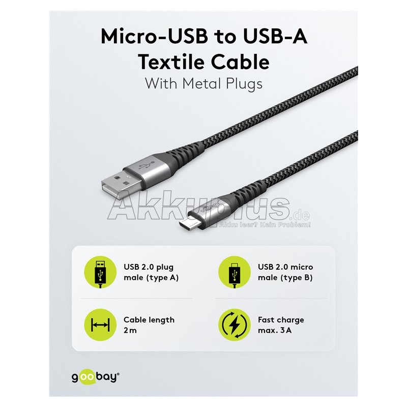 Micro-USB-auf-USB-A-Textilkabel mit Metallsteckern (spacegrau/silber), 2 m