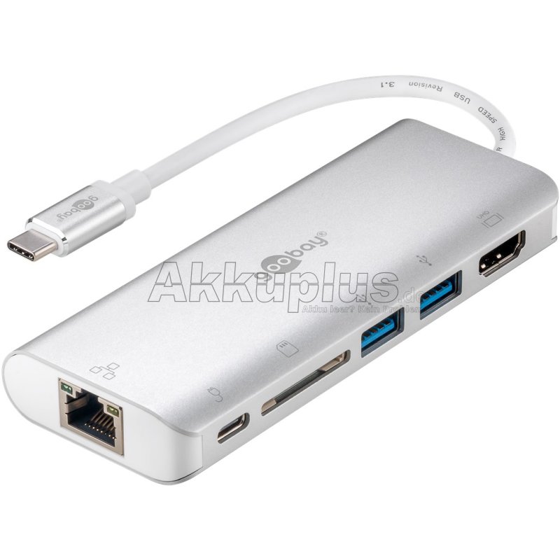 USB-C™-Multiport-Adapter HDMI 4k30Hz, USB, CR, RJ45, PD, Alu, silber