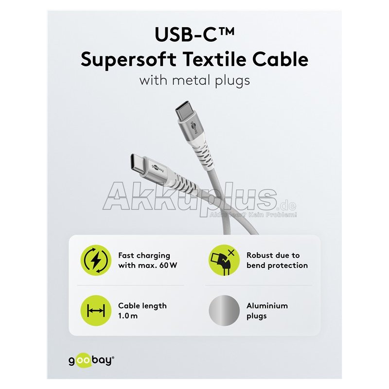 USB-C™ Supersoftes Textilkabel mit Metallsteckern, 1 m, weiß
