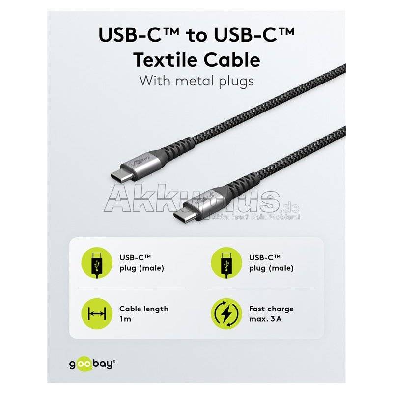 USB-C™-auf-USB-C™-Textilkabel mit Metallsteckern (spacegrau/silber), 1 m