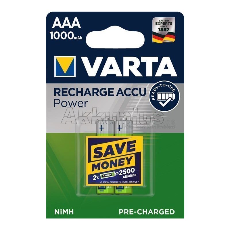 Varta - AAA (Micro) / HR03 (5703) - 1,2 Volt 1000mAh LSD-NiMH Akku (Ready-to-Use) - 2er Blister