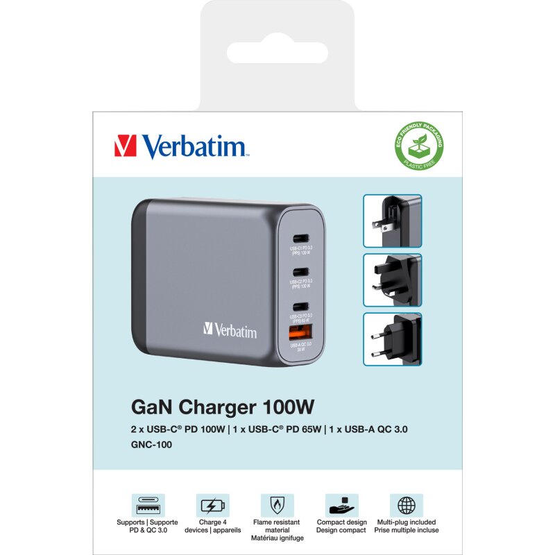 Verbatim Ladeadapter, Universal, GNC-100, GaN, 100W, grau Verbatim Ladeadapter, Universal, GNC-100, GaN, 100W, grau