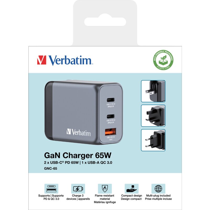 Verbatim Ladeadapter, Universal, GNC-65, GaN, 65W, grau Verbatim Ladeadapter, Universal, GNC-65, GaN, 65W, grau