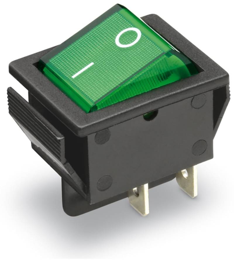 Wippenschalter 2-pol., I-0, grün beleuchtet, 26x22 mm von Sintron Distribution GmbH