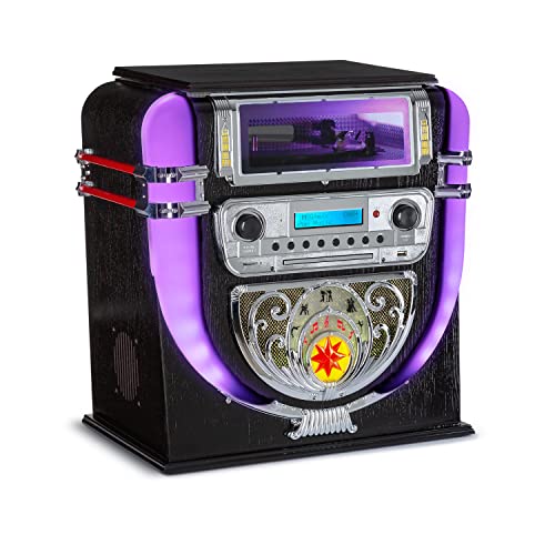 auna Graceland Mini Jukebox, Jukebox mit Plattenspieler, DAB+/FM-Radio, Musikbox Retro, CD-Player, LED